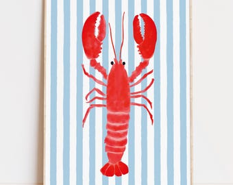 Watercolor Lobster on Blue Stripes Print, Nautical Coastal Kitchen Wall Art (Digital Download)