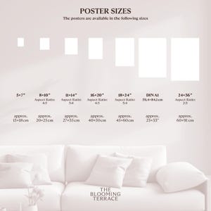 May include: A chart showing different poster sizes in inches and centimeters. The chart includes the following sizes: 5x7, 8x10, 11x14, 16x20, 18x24, DIN A1, and 24x36. The chart also includes the aspect ratio for each size. The chart is displayed on a white wall behind a white couch.