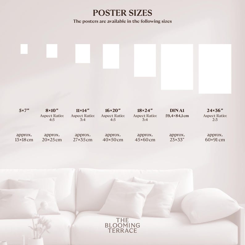 May include: A chart showing different poster sizes in inches and centimeters. The chart includes the following sizes: 5x7, 8x10, 11x14, 16x20, 18x24, DIN A1, and 24x36. The chart also includes the aspect ratio for each size. The chart is displayed on a white wall behind a white couch.