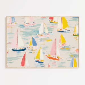 Colorful Sailing Ships Painting, Digital Download, Pastel Coastal Wall Art, Nautical Maritime Style, Lake Beach House Surfer Art Print