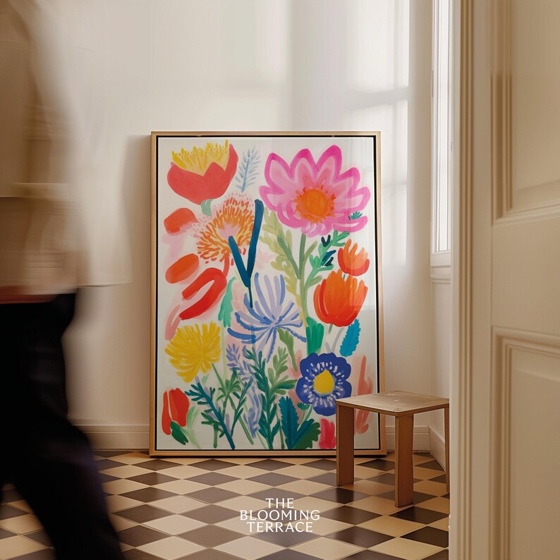 Colorful summer flowers print in a soft girl aesthetic, perfect for farmhouse room decor or preppy wall art. Digital download featuring cottagecore botanical vibes for dorm spaces.