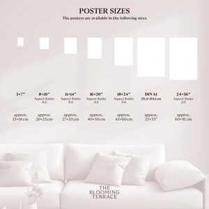 May include: A chart showing different poster sizes in inches and centimeters. The chart includes the following sizes: 5x7, 8x10, 11x14, 16x20, 18x24, DIN A1, and 24x36. The chart also includes the aspect ratio for each size. The chart is displayed on a white wall behind a white couch.