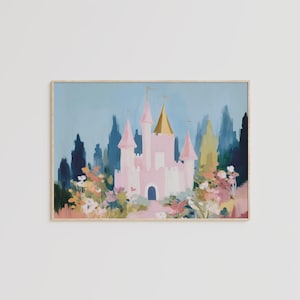Whimsical pink fairytale castle with golden spires surrounded by colorful flowers and greenery, set against a dreamy blue sky. Digital download wall art perfect for nursery, girls bedroom, or princess-themed decor.