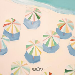 Vibrant pastel painting of colorful beach umbrellas arranged neatly on a sandy shore near the ocean. The artwork features soft hues of blue, green, pink, yellow, and red under a turquoise sea and a serene sky, creating a calm, tropical and coastal atmosphere perfect for summer and seaside decor.