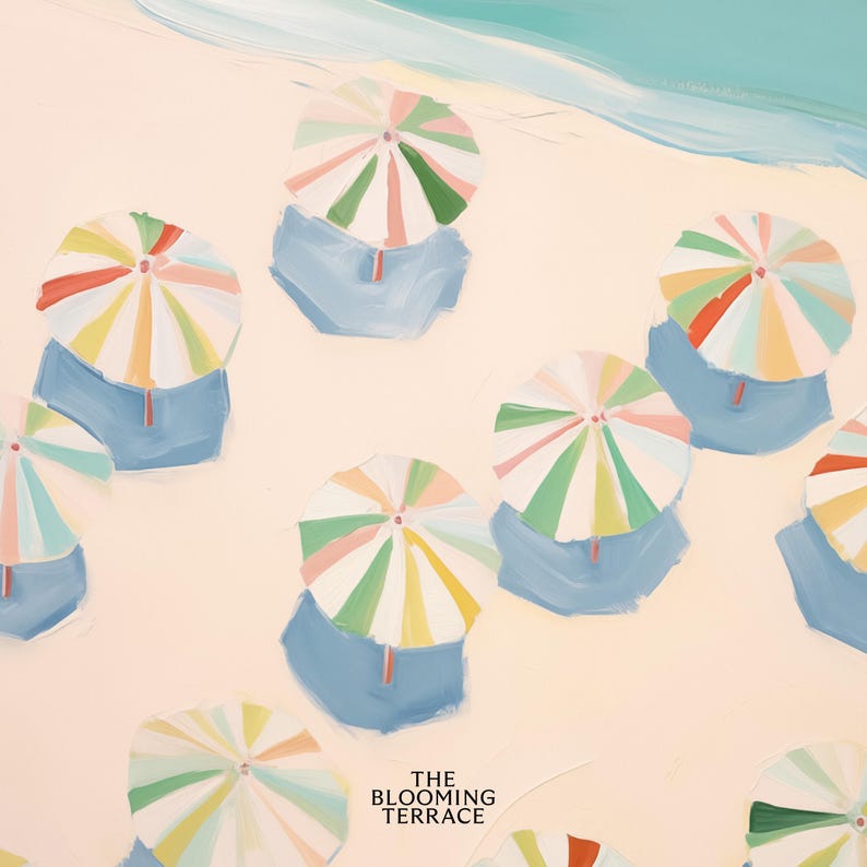 Vibrant pastel painting of colorful beach umbrellas arranged neatly on a sandy shore near the ocean. The artwork features soft hues of blue, green, pink, yellow, and red under a turquoise sea and a serene sky, creating a calm, tropical and coastal atmosphere perfect for summer and seaside decor.