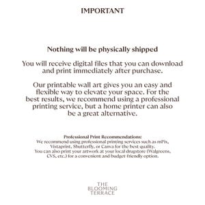 May include: Text on a white background that reads "IMPORTANT" and explains that the product is a digital download and not a physical item. It also recommends using a professional printing service for best results, but a home printer can also be used. The text also includes a list of professional printing services and local drugstores that can be used to print the digital files.