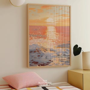 Ocean Sunset Painting with pastel tones, available as a digital download. Perfect for nautical decor, summer preppy style, dorm rooms, and beach house coastal wall art.