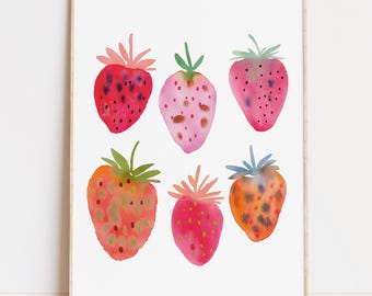 Colorful Strawberry Watercolor Print, Cottage Kitchen Art (Digital Download)