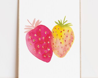 Strawberry Art Print, Watercolor Pastel Fruit Artwork, Kitchen Printable (Digital Download)