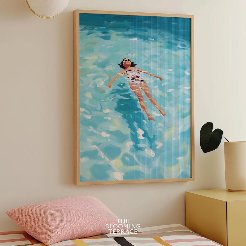 Painting of a woman in a white swimsuit and sunglasses floating on her back in turquoise pastel water under the summer sun.