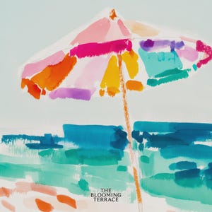 Bright watercolor-style painting of a colorful beach umbrella by the ocean — vibrant coastal wall art printable for summer home decor.