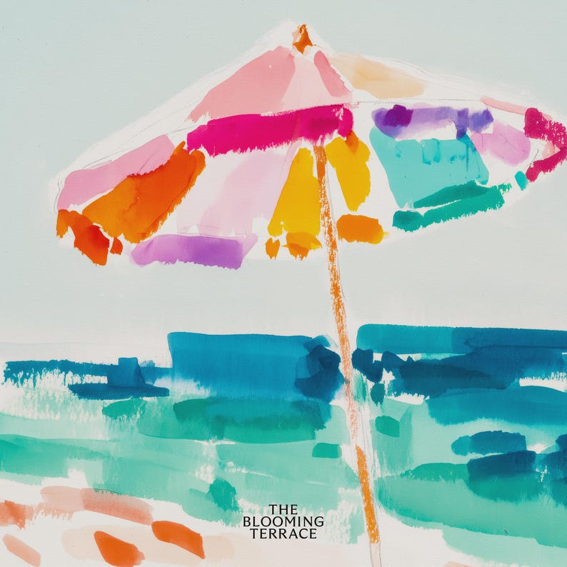 Bright watercolor-style painting of a colorful beach umbrella by the ocean — vibrant coastal wall art printable for summer home decor.