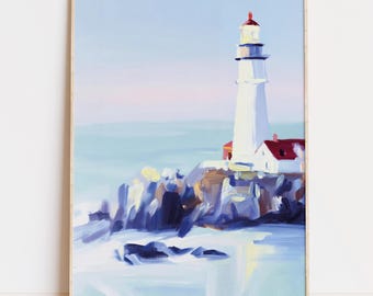 Lighthouse Wall Art Print, Digital Download, Coastal Nautical Beach House Decor, Ocean Cliff Painting