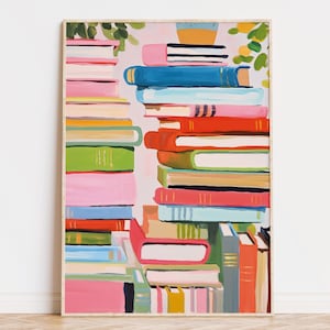 May include: A colorful abstract painting of a stack of books. The books are arranged in a vertical stack, with the tallest stack on the left and a smaller stack on the right. The books are painted in a variety of colors, including pink, red, green, blue, and yellow.