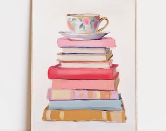 Bücherstapel Teetasse Druck, Leseecke Kunst, weich Mädchen Dekor (Digitaler Download)