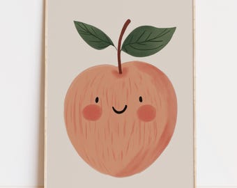 Friendly Peach Art Print, Whimsical Fruit Illustration, Kids Room Decor (Digital Download)