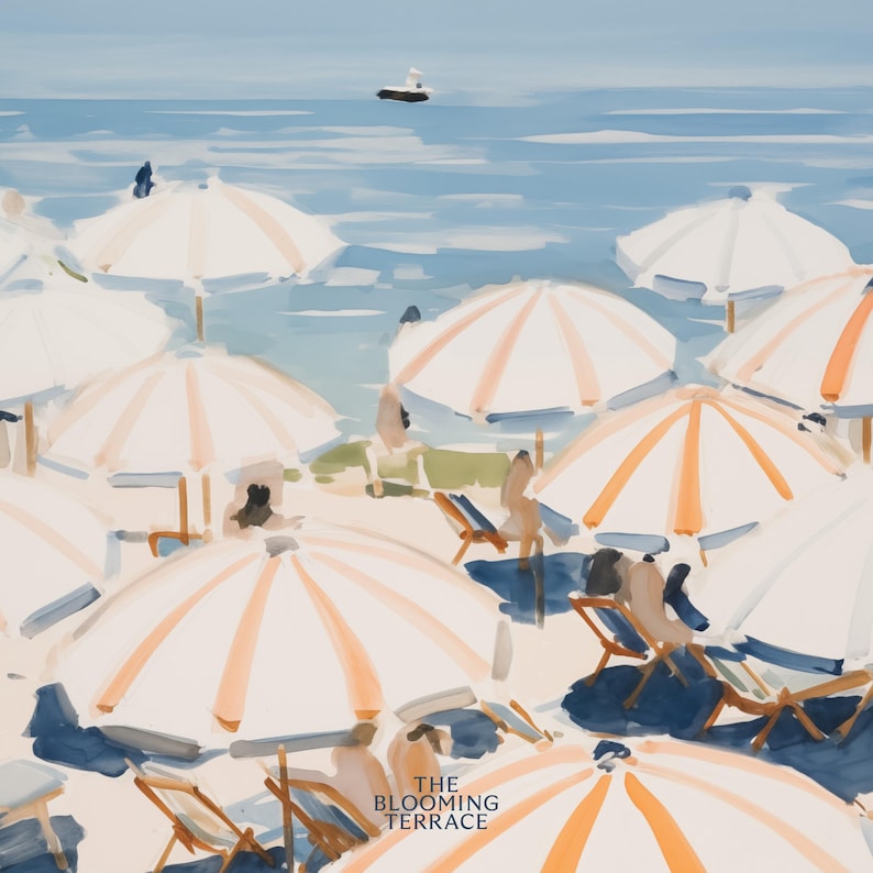 Beach scene featuring striped umbrellas and sunbathers by the calm ocean, painted in soft blue, peach, and cream tones — printable coastal wall art.
