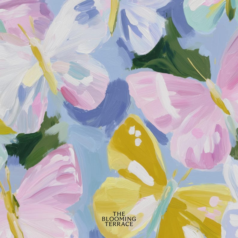 Colorful pastel butterflies in pink, yellow, lavender, and white with painterly brushstrokes on a light blue background. Whimsical digital download wall art, perfect for nursery, girls bedroom, or springtime decor.