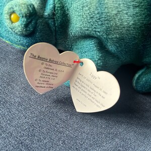 May include: A green and blue plush toy iguana named Iggy. The tag reads "Date of Birth: August 12, 1997" and describes Iggy sitting on a rock, basking in the sun. The tag also includes the text "www.ty.com".