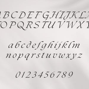 K&ouml;nnte beinhalten: Eine schwarze, elegante Serifenschrift auf wei&szlig;em Hintergrund. Das Bild zeigt Gro&szlig;- und Kleinbuchstaben des Alphabets sowie die Zahlen 0 bis 9. Die Schriftart hat einen klassischen, kalligraphischen Stil.