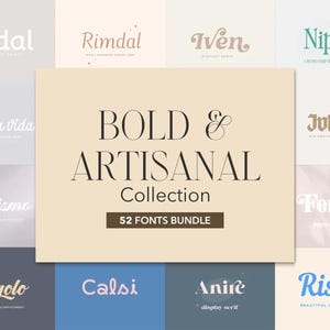 Puede incluir: Una colección de fuentes con varios estilos, incluyendo fuentes serif, script y display. El gráfico central dice "BOLD & ARTISANAL Collection" con "52 FONTS BUNDLE" debajo. Las fuentes son de diferentes colores y estilos.