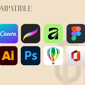 K&ouml;nnte beinhalten: Beigefarbener Hintergrund mit dem Wort &bdquo;COMPATIBLE&ldquo; oben. Darunter befinden sich acht App-Symbole, darunter Canva, Procreate, Adobe Illustrator, Adobe Photoshop, Figma und Microsoft Office.