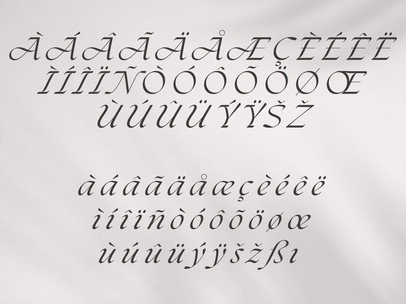 K&ouml;nnte beinhalten: Eine schwarze, elegante Schriftprobe mit Gro&szlig;- und Kleinbuchstaben und diakritischen Zeichen. Der Text wird in zwei Zeilen angezeigt und zeigt das gesamte Alphabet in einem stilvollen, kalligraphischen Design. Der Hintergrund ist in einem weichen Off-White-Ton gehalten.