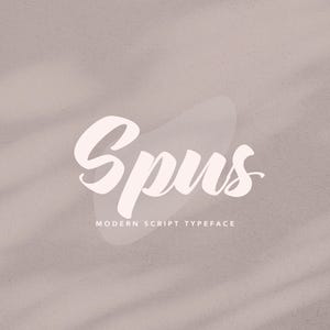 May include: A light beige background with the word "Spus" in a white, cursive font. Below the word is the text "MODERN SCRIPT TYPEFACE" in a smaller, sans-serif font. The background has a subtle, textured appearance.