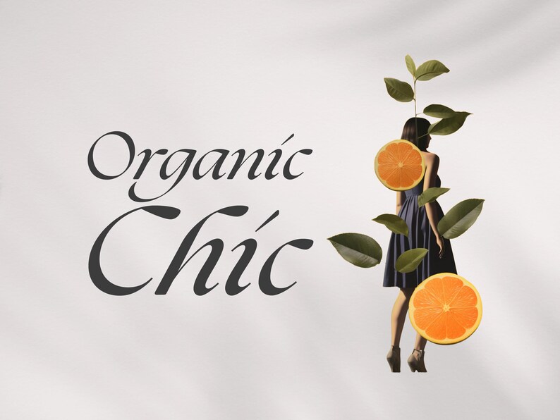 K&ouml;nnte beinhalten: Ein k&uuml;nstlerisches Bild mit dem Text "Organic Chic" in eleganter Schrift. Eine Frau in einem blauen Kleid wird von Orangenscheiben und gr&uuml;nen Bl&auml;ttern umgeben, vor wei&szlig;em Hintergrund.