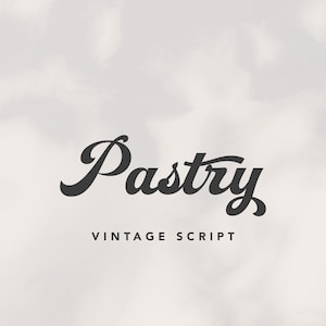 Puede incluir: La palabra "Pastry" en una fuente de escritura vintage se muestra en negro sobre un fondo claro. Debajo de la palabra "Pastry" está el texto "VINTAGE SCRIPT" en una fuente más pequeña. El fondo tiene una apariencia suave y borrosa.