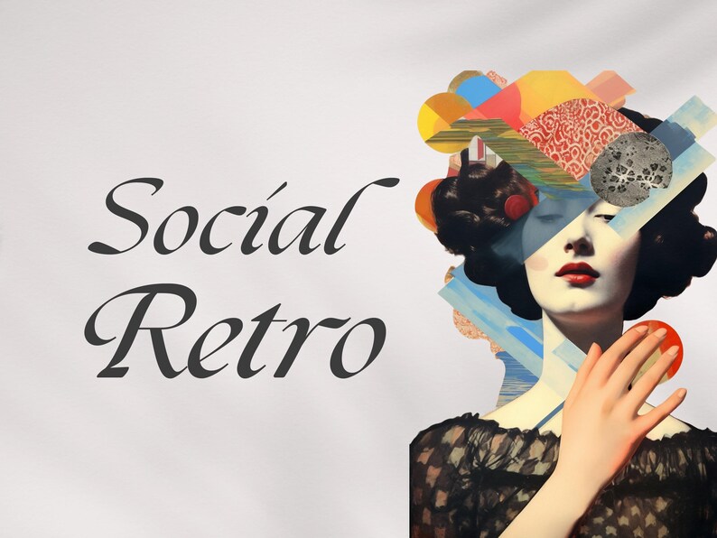 K&ouml;nnte beinhalten: Ein k&uuml;nstlerisches Collage-Bild mit einer Frau mit dunklem Haar und rotem Lippenstift, geschm&uuml;ckt mit einem farbenfrohen Kopfschmuck. Das Bild enth&auml;lt den Text "Social Retro" in eleganter Schrift vor einem wei&szlig;en Hintergrund. Die Hand der Frau ist erhoben.