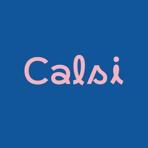 May include: The word "Calsi" is displayed in a soft pink, cursive font against a deep blue background. The letters are connected, creating a flowing, elegant design.