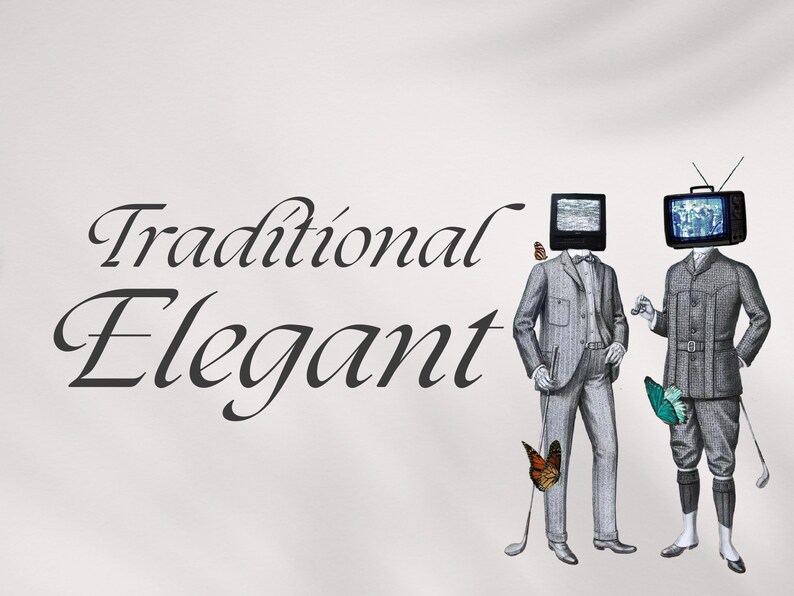 K&ouml;nnte beinhalten: Illustration mit zwei Figuren mit Fernsehger&auml;ten als K&ouml;pfen, die Anz&uuml;ge tragen, Golfschl&auml;ger halten und mit Schmetterlingen geschm&uuml;ckt sind. Die Worte "Traditional Elegant" sind kursiv geschrieben.