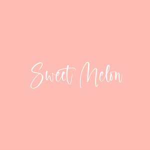 May include: A solid light peach-colored background featuring the text Sweet Melon written in a white, cursive, handwritten-style font centered in the middle of the frame. The overall design is simple, clean, and monochromatic in its presentation.