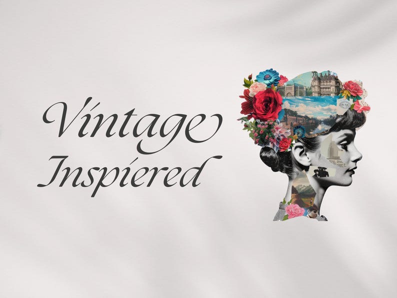 K&ouml;nnte beinhalten: Ein Design im Vintage-Stil mit dem Profil einer Frau, geschm&uuml;ckt mit einem Blumenkranz und einer Collage von Bildern. Die Worte "Vintage Inspired" sind in eleganter Schrift auf wei&szlig;em Hintergrund geschrieben.