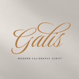 Può includere: Un carattere di calligrafia marrone con la parola "Galis" scritta in uno stile moderno. Il testo "MODERN CALLIGRAPHY SCRIPT" è scritto sotto la parola "Galis".