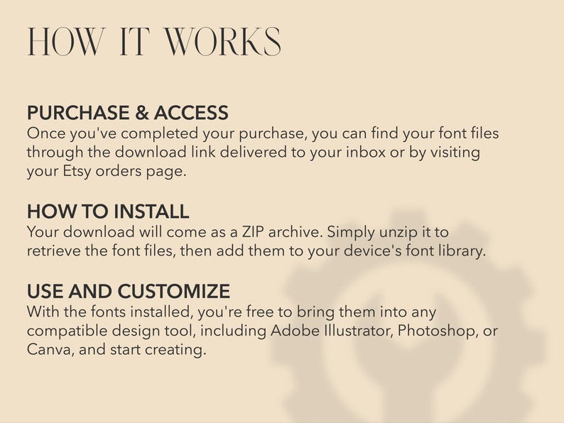 K&ouml;nnte beinhalten: Ein beigefarbenes Grafikdesign mit dem Text &bdquo;HOW IT WORKS&ldquo; oben. Der Text erkl&auml;rt, wie man Schriftarten kauft, installiert und anpasst. Es enth&auml;lt Anweisungen zum Zugriff auf Schriftartdateien nach dem Kauf und zur Verwendung in Design-Tools wie Adobe Illustrator.