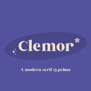 May include: A purple background with the word "Clemor" in a cream-colored serif font inside an oval. Below the oval, the text reads "A modern serif typeface". Decorative starbursts and a flower accent the text.