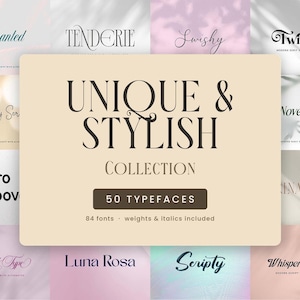 Puede incluir: Una colección digital de 50 tipos de letra y 84 fuentes mostradas sobre un fondo rectangular beige. El texto central dice UNIQUE & STYLISH COLLECTION 50 TYPEFACES 84 fonts - weights & Italics included, rodeado de varias muestras de fuentes.