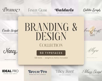 May include: A digital collection of 50 typefaces featuring the text BRANDING & DESIGN COLLECTION, 50 TYPEFACES, and 126 fonts weights & italics included. The display shows various font styles including Brause, Finley Glam, Galdaris, and others.
