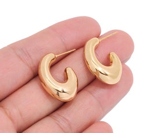 18K Real Gold Plated Brass Chunky Hoop Earring Studs for Jewelry Makers, Abstract Open Hoop Findings with 316 Steel Post for DIY Earrings