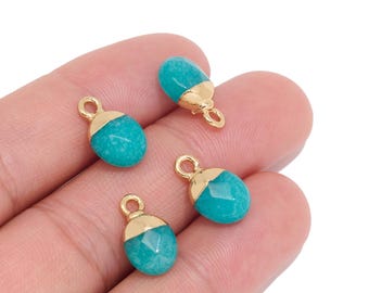 Natural Blue Topaz Oval Charm, Gold Tone Plated Brass Gemstone Pendant for Jewelry Makers, DIY Earrings, Necklaces& Bracelets, Birthday Gift
