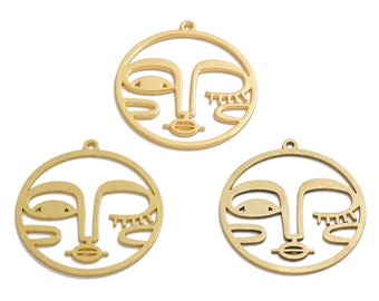 2pcs Raw Brass Artistic Face Charm, Round Abstract Face Earring Charm, Design Face Pendant, Earring Findings, Jewelry Supplies VW872