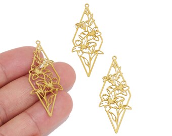 Raw Brass Rhombus Lily Flower Pendant for DIY Jewelry Makers, Floral Charm for Earrings, Necklaces & Handmade Gift Designs