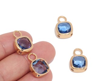 Faceted Sapphire Blue Square Glass Pendant, Gold Tone Plated Brass Frame Charm for DIY Jewelry Makers, Earrings, Necklaces & Bracelet Making