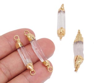 Natural Rock Crystal Stick Connector, Gold Tone Plated Brass Link for DIY Jewelry Makers, Earrings, Necklaces & Bracelets