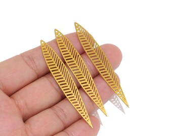 Raw Brass Leaf Earring Charm for DIY Jewelry Makers, Long Filigree Leaf Pendant for Earrings, Necklaces & Handmade Gifts