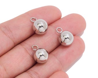 18K Real White Gold Plated Brass Ball Pendant for Jewelry Makers, Polished Round Bead Charm with Loop for DIY Earrings & Minimalist Jewelry