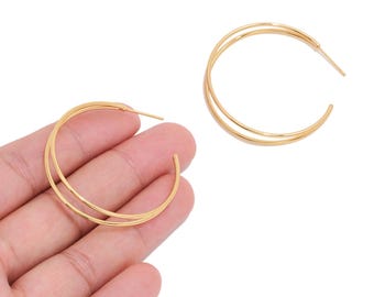 18K Real Gold Plated Brass Double Circle Earring Stud for Jewelry Makers, Double Wire Hoop with 316 Surgical Steel Post for DIY Earrings