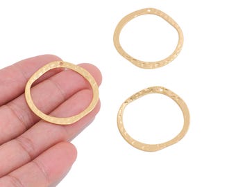 18K Real Gold Plated Brass Hammered Circle Pendant for Jewelry Makers, Organic Round Frame Charm with Hole for DIY Earrings & Necklaces